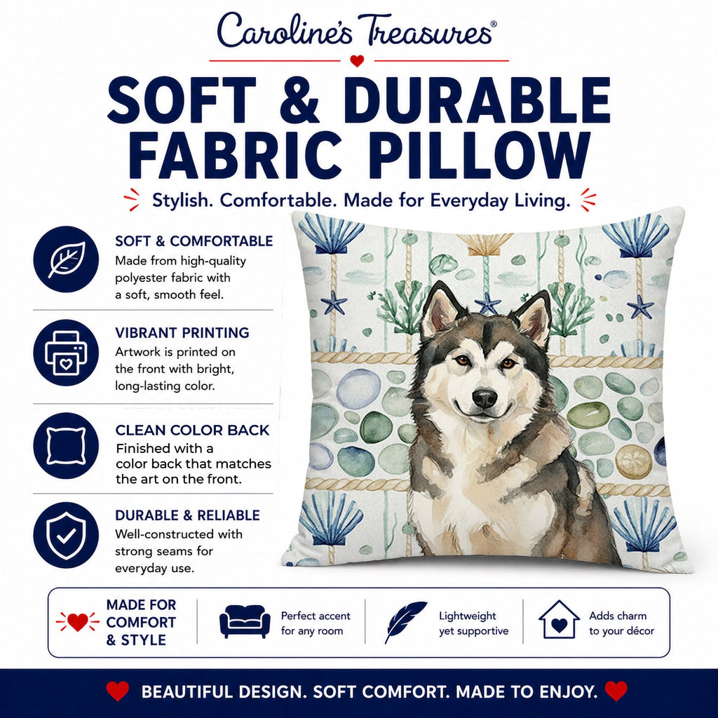 Sable and White Alaskan Malamute Coastal Sea Glass Decorative Throw Pillow 14x14 Indoor Outdoor Accent Cushion, Fabric Cover with Insert for Sofa, Bed, Porch & Living Room