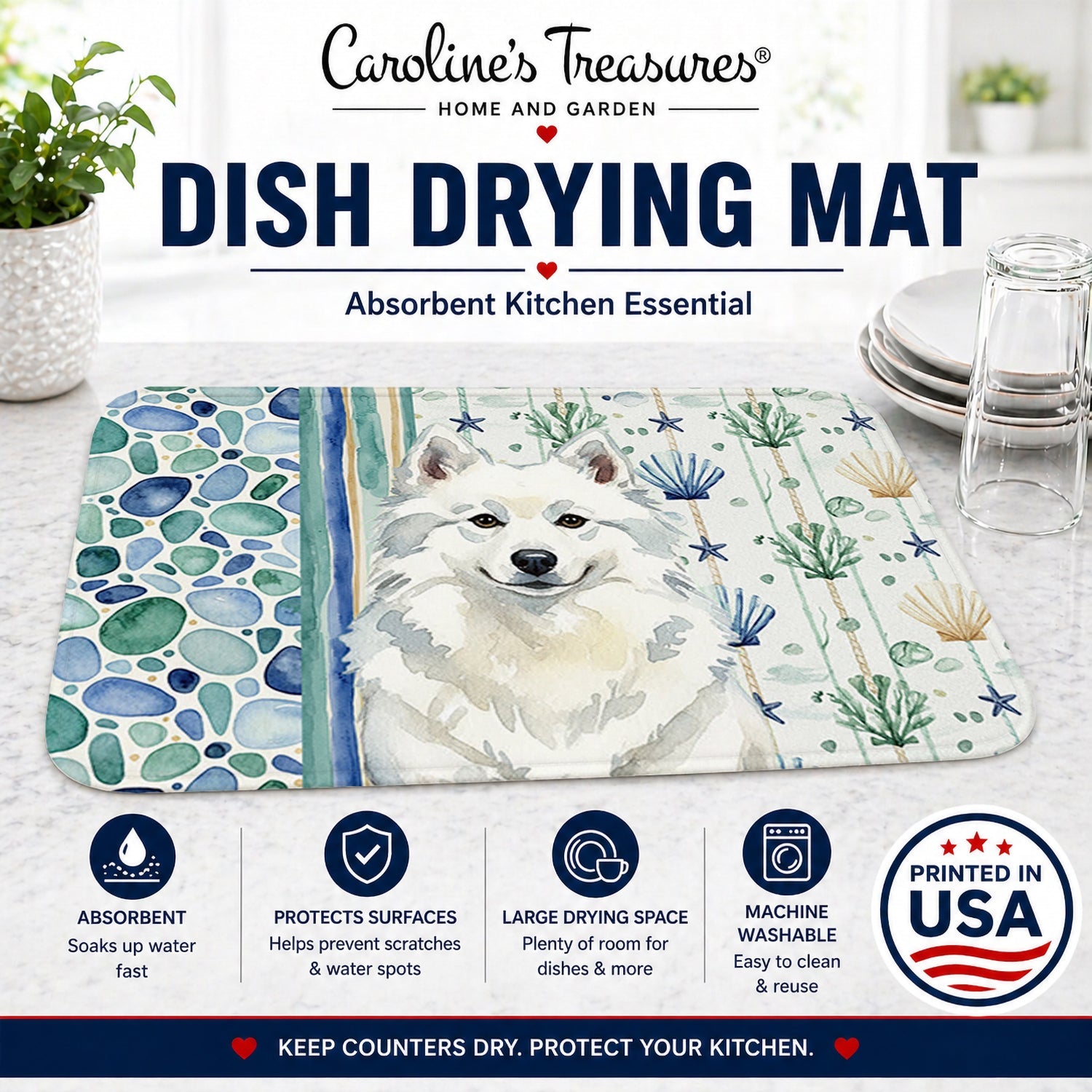 American Eskimo Coastal Sea Glass Dish Drying Mat Absorbent Dish Drying Mat Pad for Kitchen Counter Dish Drainer Mat for Countertop, 14 x 21", Multicolor