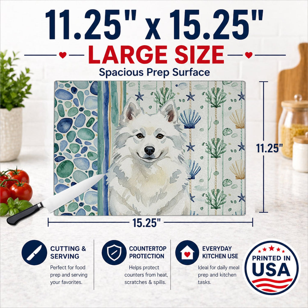 American Eskimo Coastal Sea Glass Cutting Board Tempered Glass Kitchen Cutting Surface, Heat Resistant Chopping, Non-Slip Feet, Food Prep & Serving