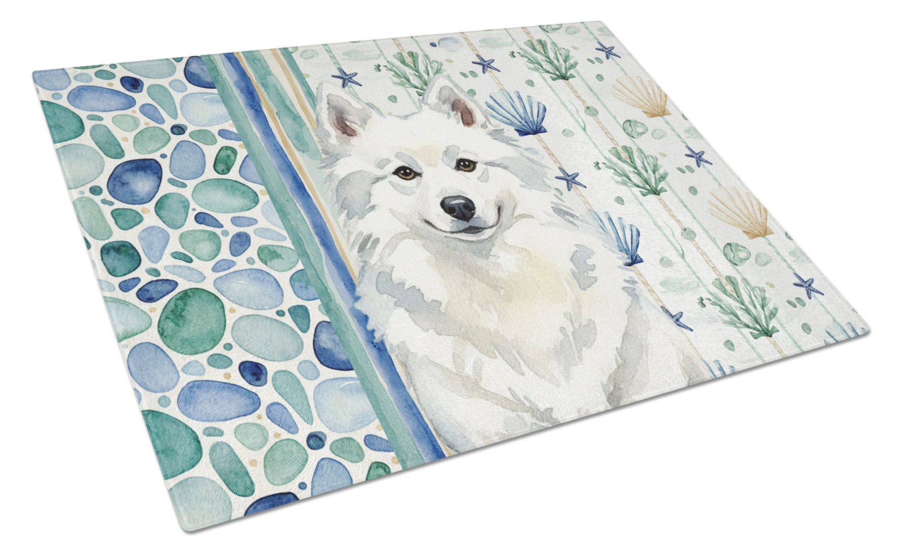 American Eskimo Coastal Sea Glass Cutting Board Tempered Glass Kitchen Cutting Surface, Heat Resistant Chopping, Non-Slip Feet, Food Prep & Serving