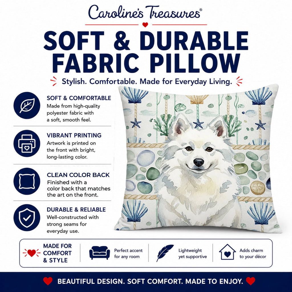 American Eskimo Coastal Sea Glass Decorative Throw Pillow 14x14 Indoor Outdoor Accent Cushion, Fabric Cover with Insert for Sofa, Bed, Porch & Living Room