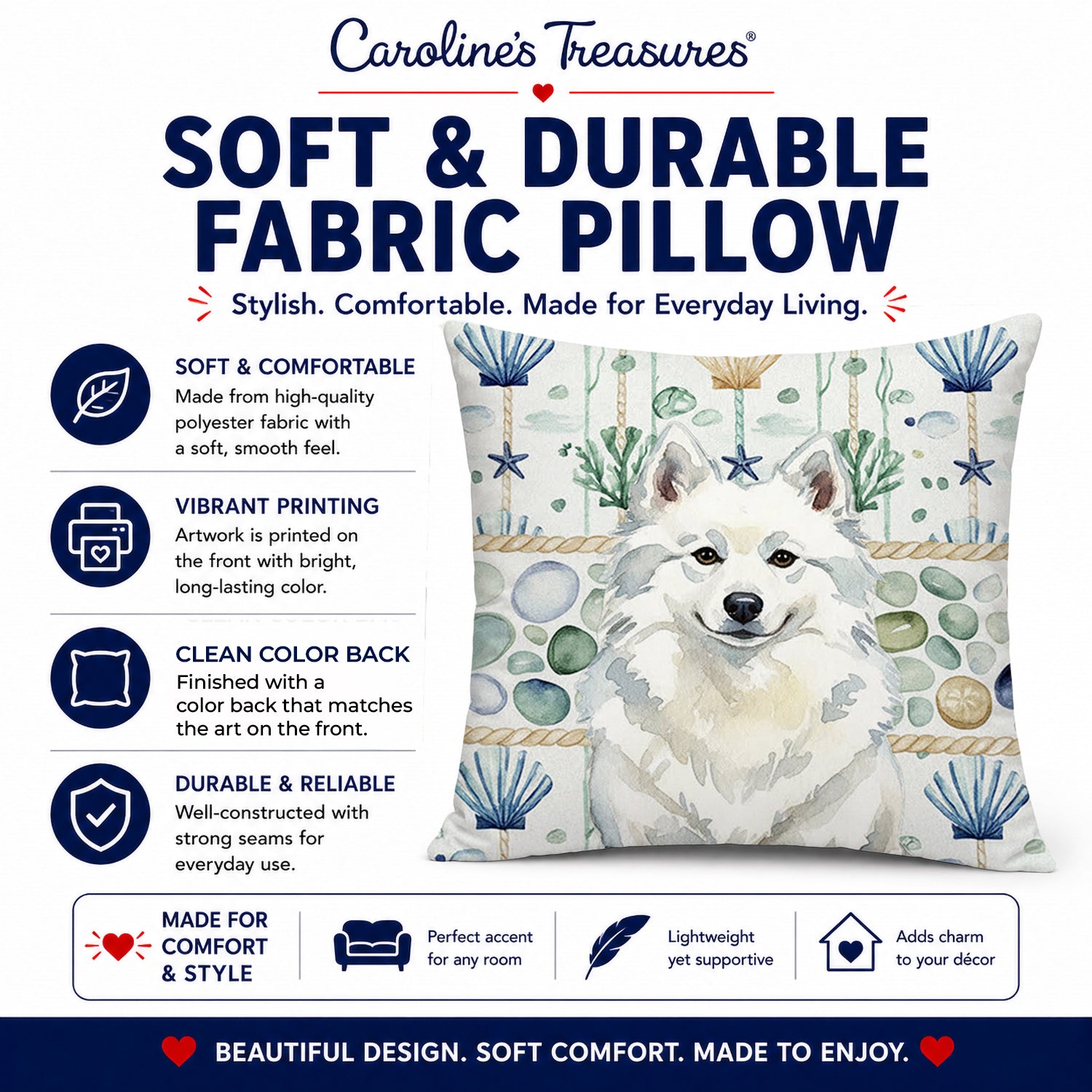 American Eskimo Coastal Sea Glass Decorative Throw Pillow 18x18 Indoor Outdoor Accent Cushion, Fabric Cover with Insert for Sofa, Bed, Porch & Living Room
