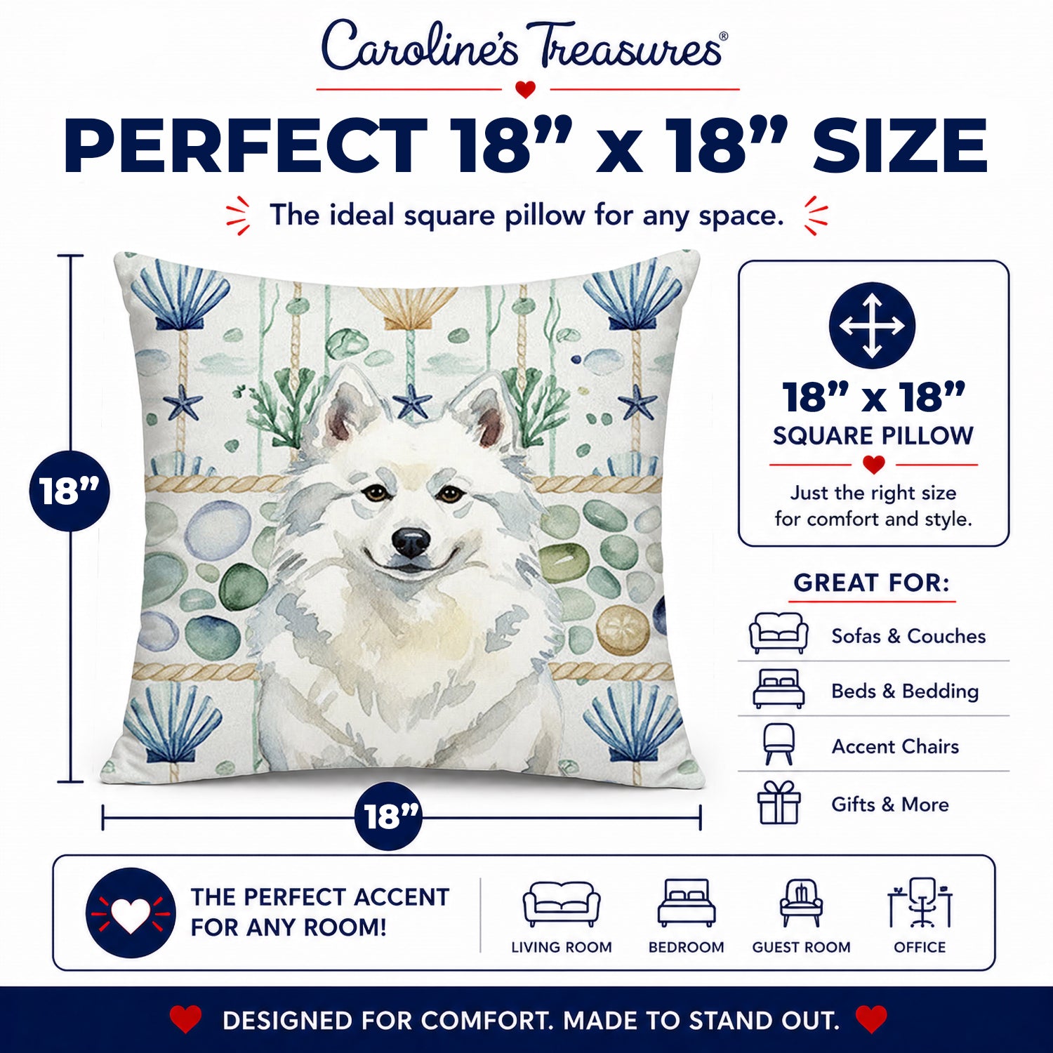 American Eskimo Coastal Sea Glass Decorative Throw Pillow 18x18 Indoor Outdoor Accent Cushion, Fabric Cover with Insert for Sofa, Bed, Porch & Living Room