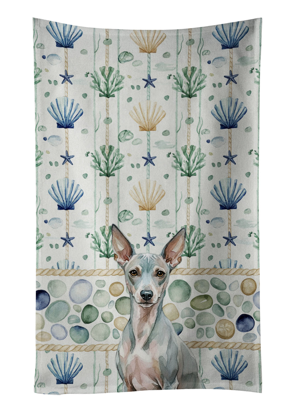 American Hairless Terrier Coastal Sea Glass Kitchen Towel Velour Plush Front and Cotton Loop Back Machine Washable