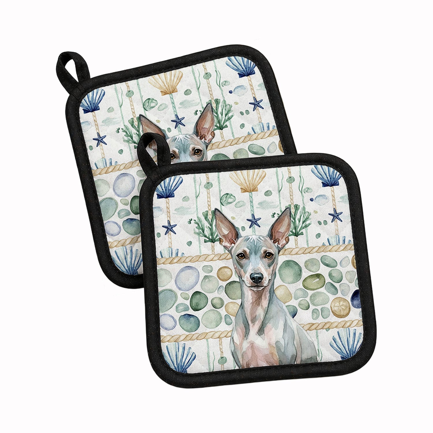 American Hairless Terrier Coastal Sea Glass Pot Holder Set of 2 Heat Resistant Quilted Hot Pads 7.5 x 7.5 Inch, Insulated Kitchen Trivets for Cooking & Baking