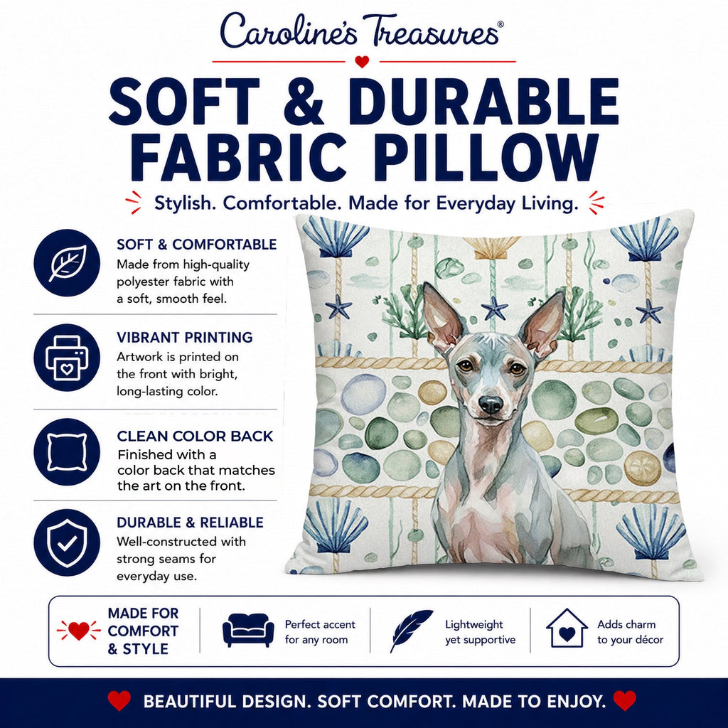 American Hairless Terrier Coastal Sea Glass Decorative Throw Pillow 14x14 Indoor Outdoor Accent Cushion, Fabric Cover with Insert for Sofa, Bed, Porch & Living Room