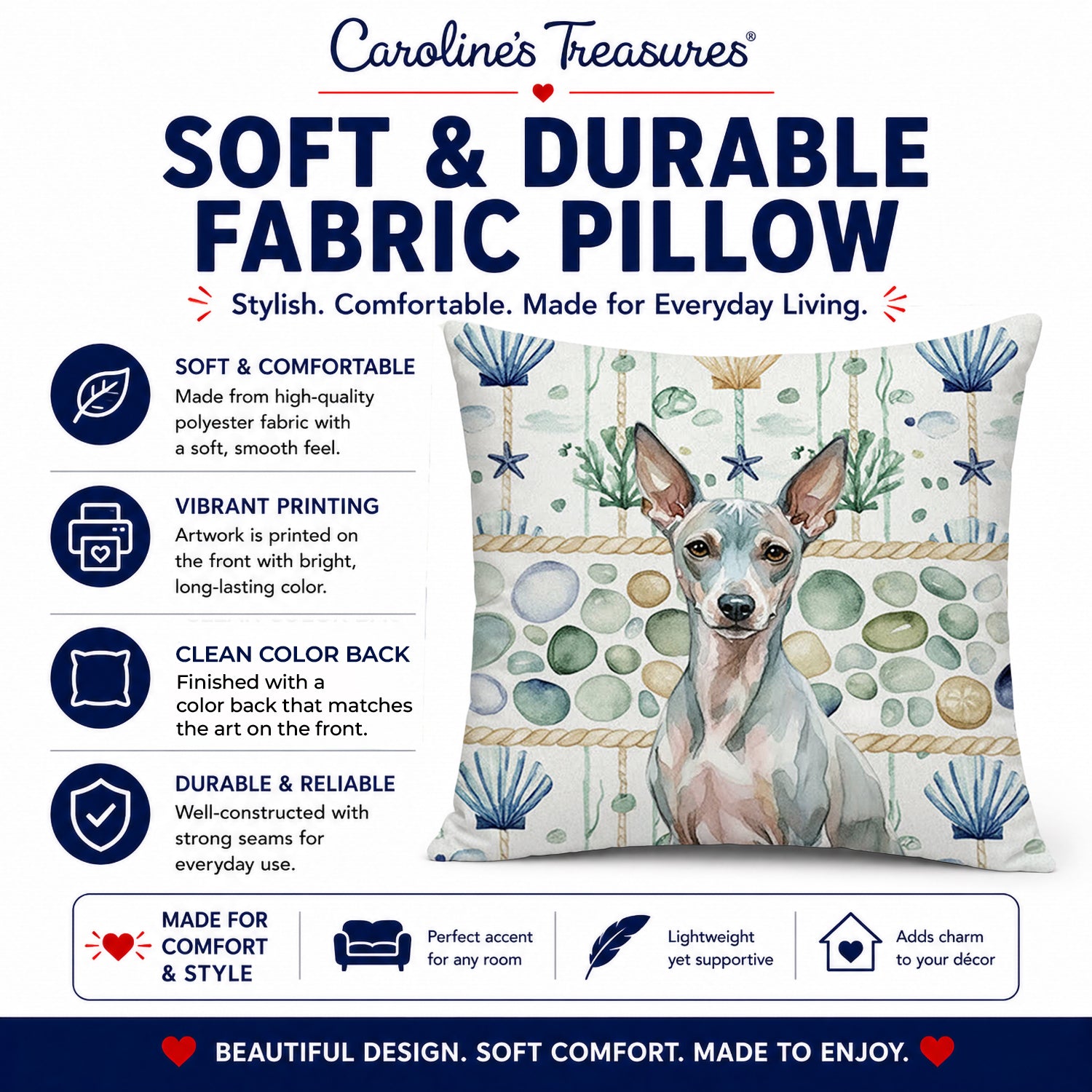 American Hairless Terrier Coastal Sea Glass Decorative Throw Pillow 18x18 Indoor Outdoor Accent Cushion, Fabric Cover with Insert for Sofa, Bed, Porch & Living Room