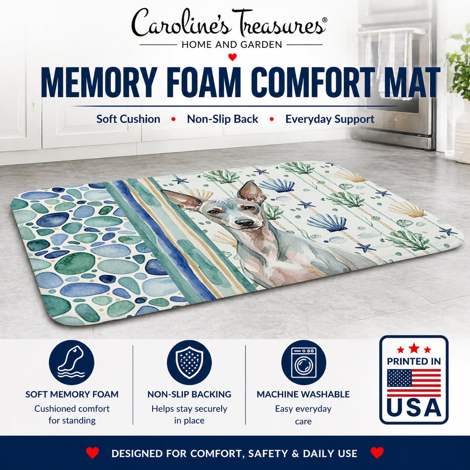 American Hairless Terrier Coastal Sea Glass Memory Foam Kitchen Mat Machine Washable Anti-Fatigue Cushion Comfort Bath or Kitchen Rug