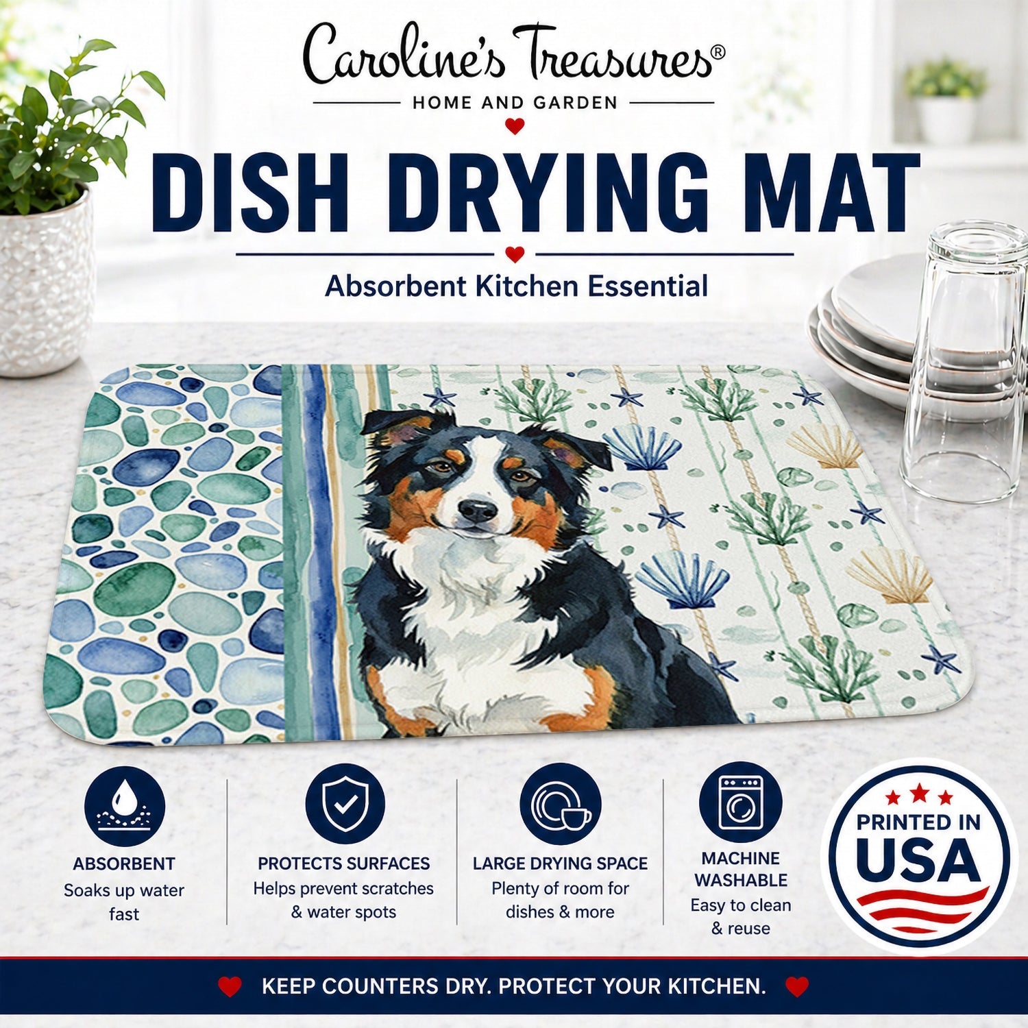 Black Tri American Shepherd Coastal Sea Glass Dish Drying Mat Absorbent Dish Drying Mat Pad for Kitchen Counter Dish Drainer Mat for Countertop, 14 x 21", Multicolor