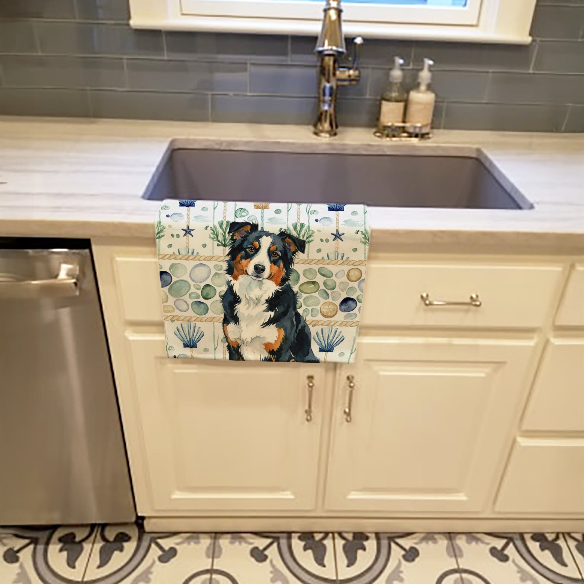 Black Tri American Shepherd Coastal Sea Glass Kitchen Towel Velour Plush Front and Cotton Loop Back Machine Washable