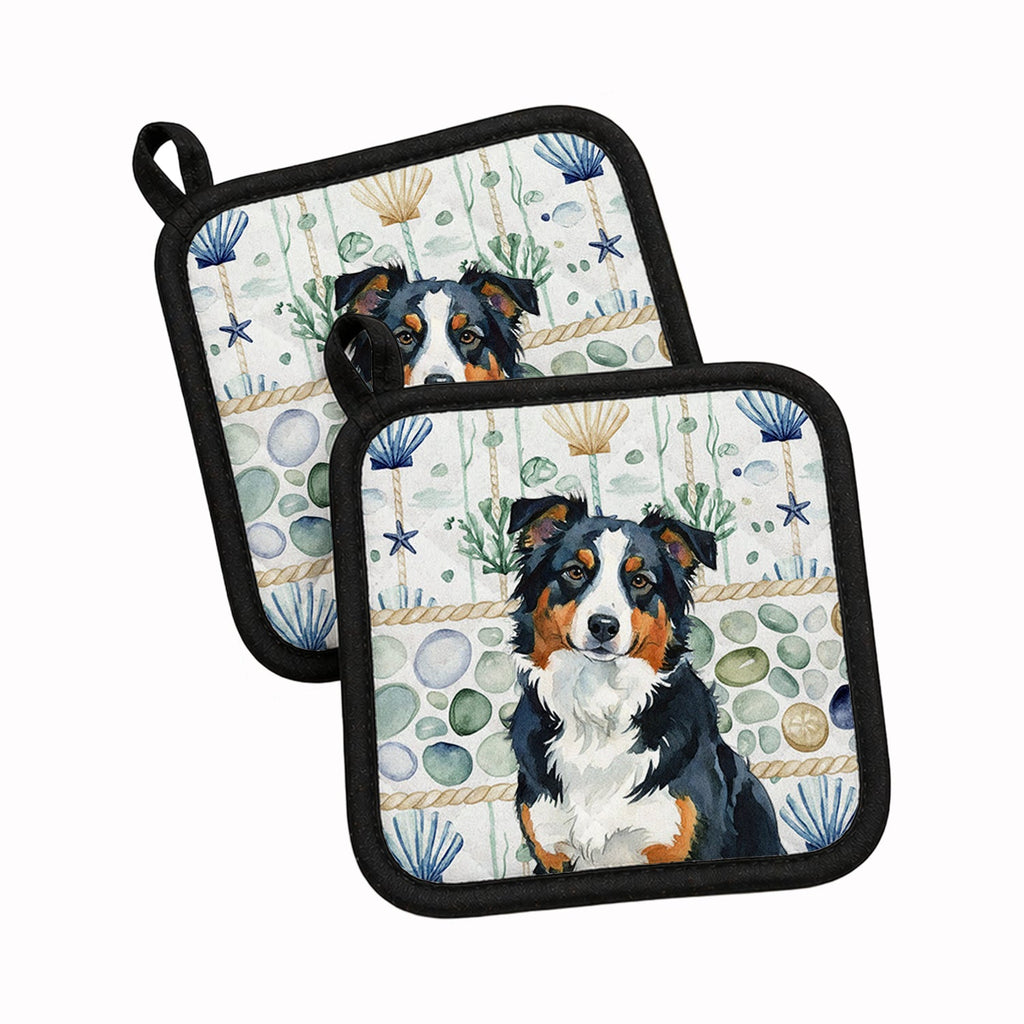 Black Tri American Shepherd Coastal Sea Glass Pot Holder Set of 2 Heat Resistant Quilted Hot Pads 7.5 x 7.5 Inch, Insulated Kitchen Trivets for Cooking & Baking