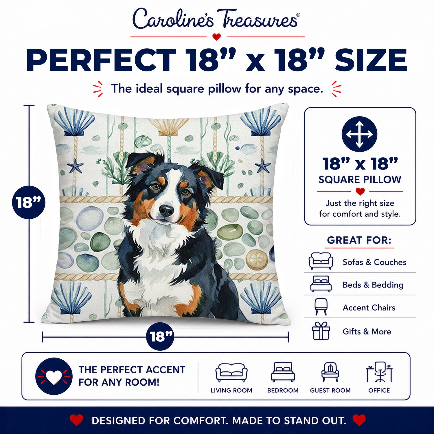 Black Tri American Shepherd Coastal Sea Glass Decorative Throw Pillow 18x18 Indoor Outdoor Accent Cushion, Fabric Cover with Insert for Sofa, Bed, Porch & Living Room