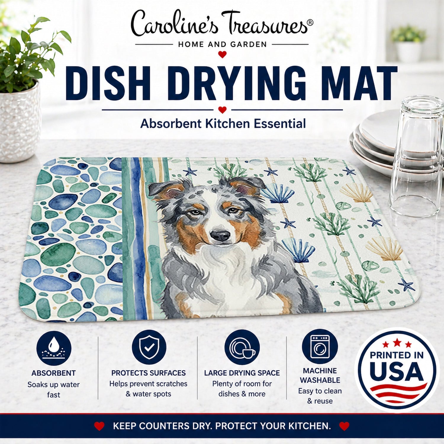 Blue Merle American Shepherd Coastal Sea Glass Dish Drying Mat Absorbent Dish Drying Mat Pad for Kitchen Counter Dish Drainer Mat for Countertop, 14 x 21", Multicolor