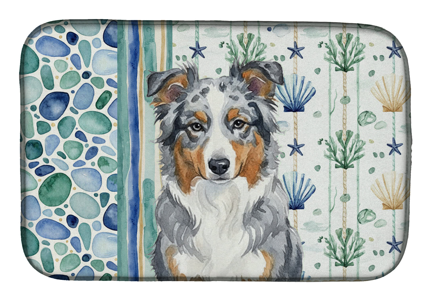 Blue Merle American Shepherd Coastal Sea Glass Dish Drying Mat Absorbent Dish Drying Mat Pad for Kitchen Counter Dish Drainer Mat for Countertop, 14 x 21", Multicolor