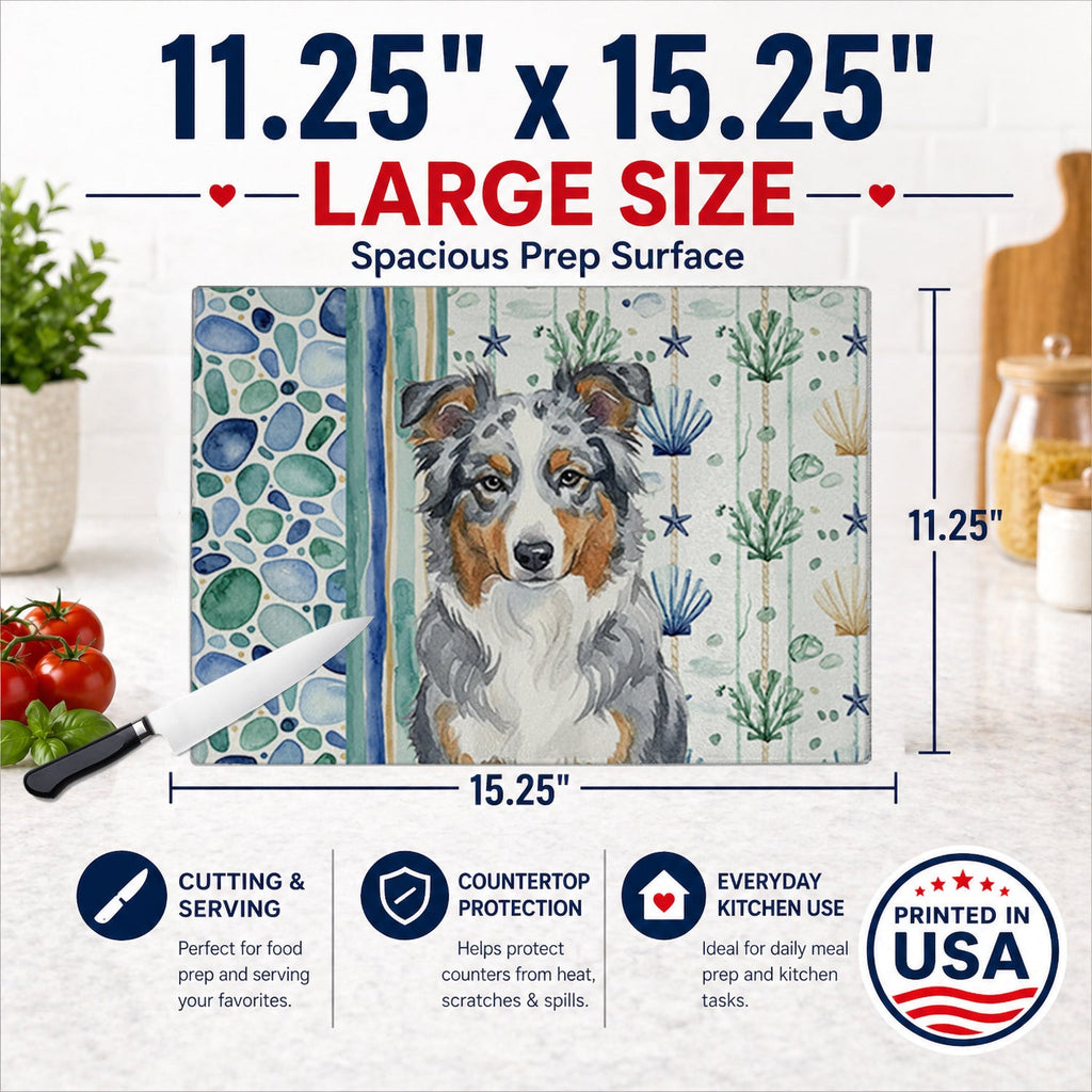 Blue Merle American Shepherd Coastal Sea Glass Cutting Board Tempered Glass Kitchen Cutting Surface, Heat Resistant Chopping, Non-Slip Feet, Food Prep & Serving