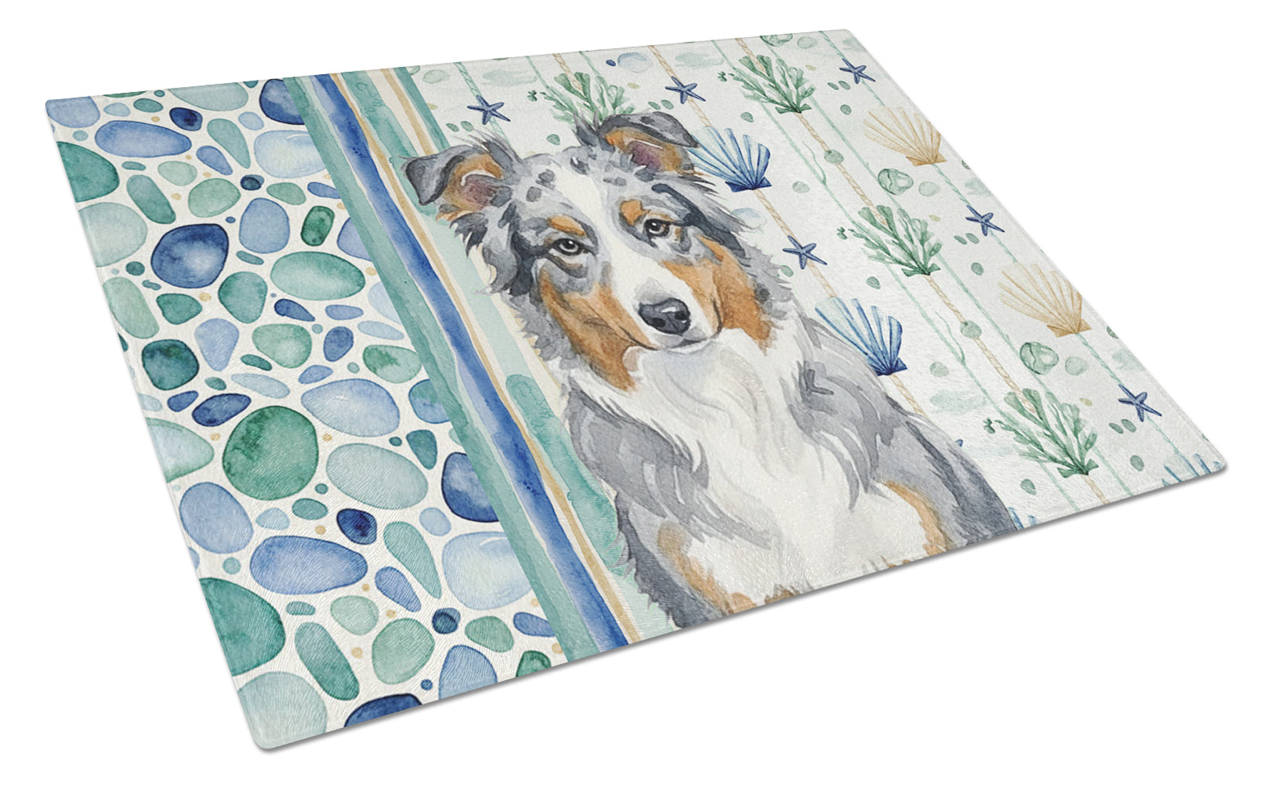 Blue Merle American Shepherd Coastal Sea Glass Cutting Board Tempered Glass Kitchen Cutting Surface, Heat Resistant Chopping, Non-Slip Feet, Food Prep & Serving