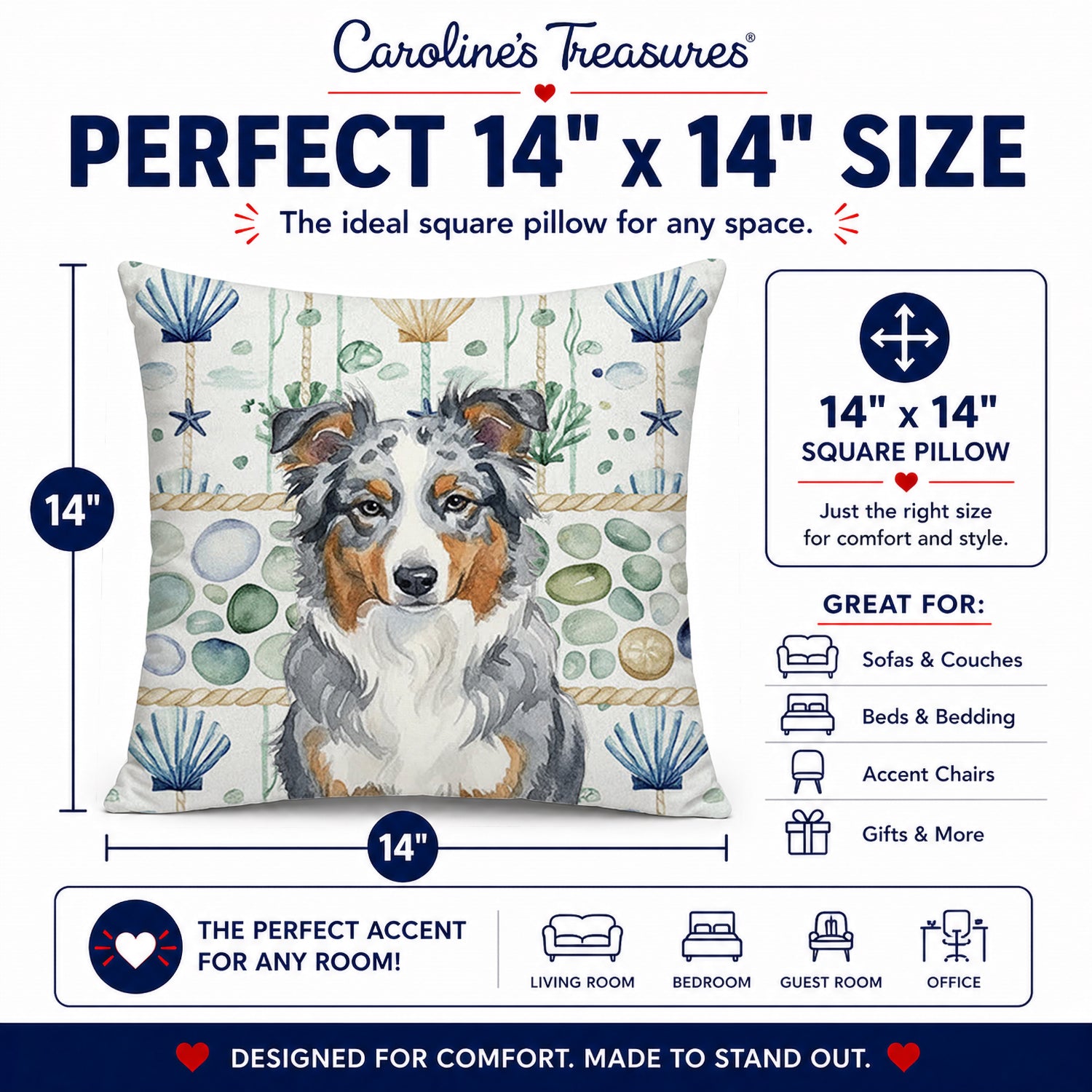 Blue Merle American Shepherd Coastal Sea Glass Decorative Throw Pillow 14x14 Indoor Outdoor Accent Cushion, Fabric Cover with Insert for Sofa, Bed, Porch & Living Room