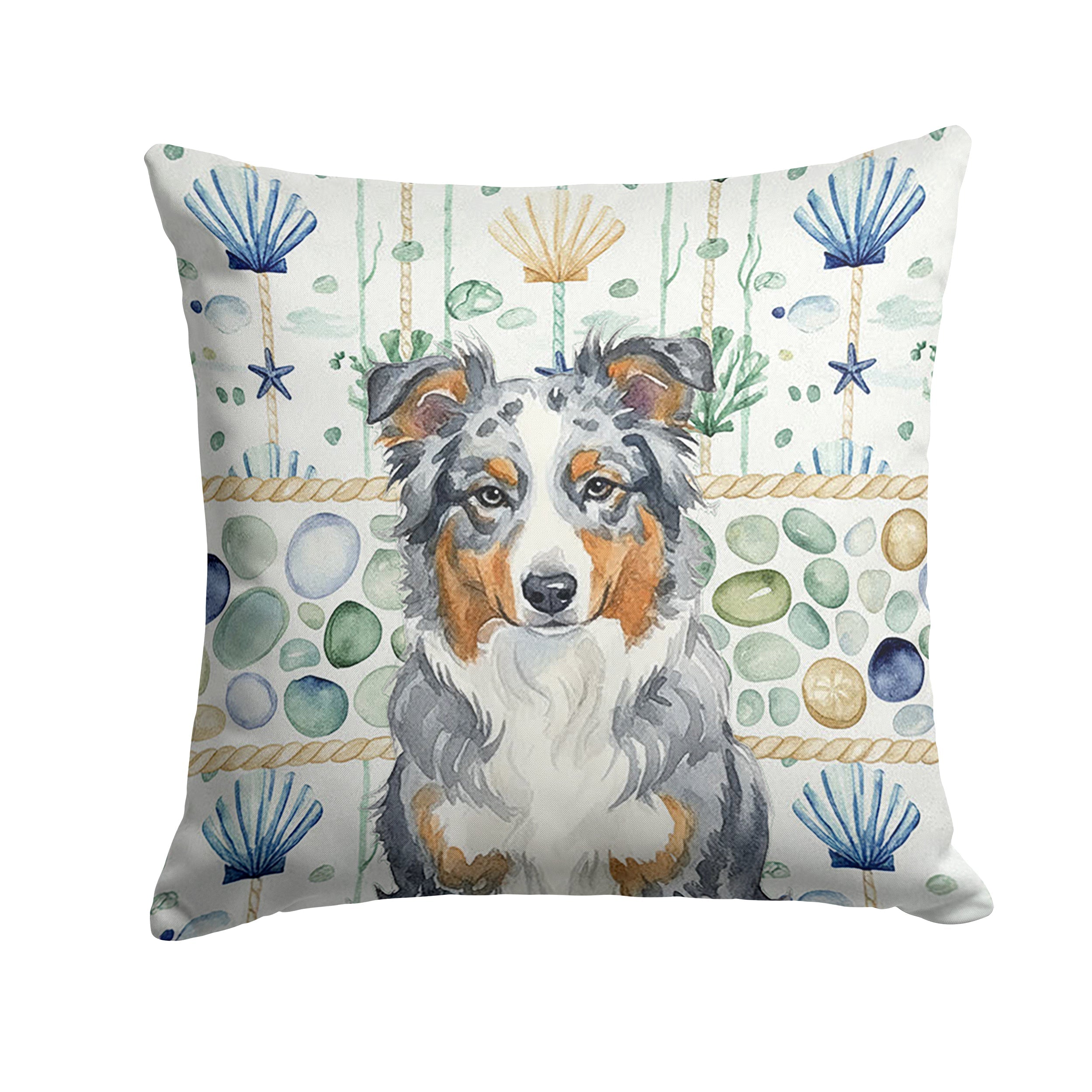 Blue Merle American Shepherd Coastal Sea Glass Decorative Throw Pillow 14x14 Indoor Outdoor Accent Cushion, Fabric Cover with Insert for Sofa, Bed, Porch & Living Room