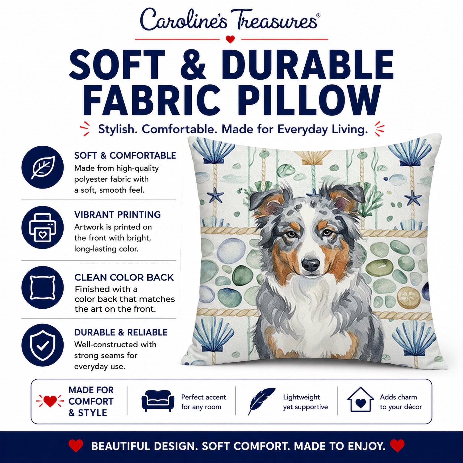 Blue Merle American Shepherd Coastal Sea Glass Decorative Throw Pillow 18x18 Indoor Outdoor Accent Cushion, Fabric Cover with Insert for Sofa, Bed, Porch & Living Room