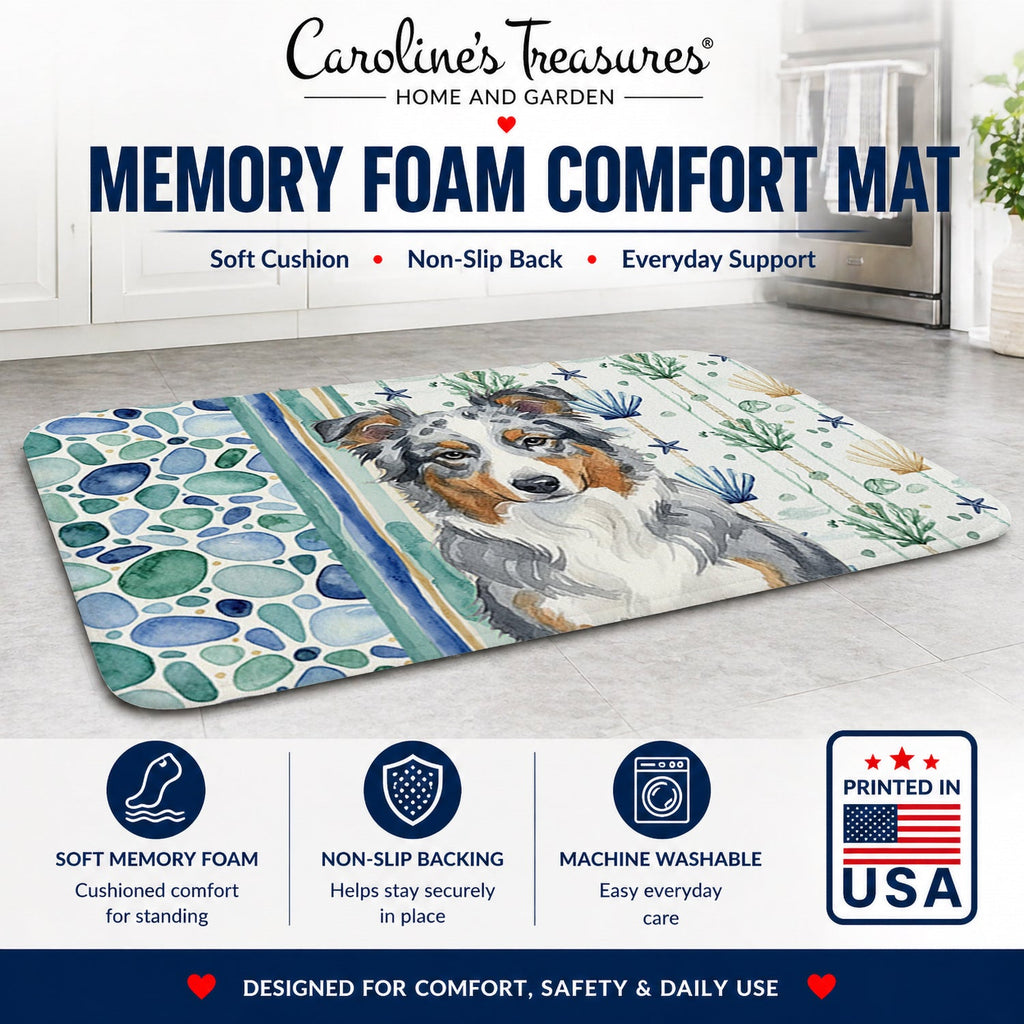 Blue Merle American Shepherd Coastal Sea Glass Memory Foam Kitchen Mat Machine Washable Anti-Fatigue Cushion Comfort Bath or Kitchen Rug