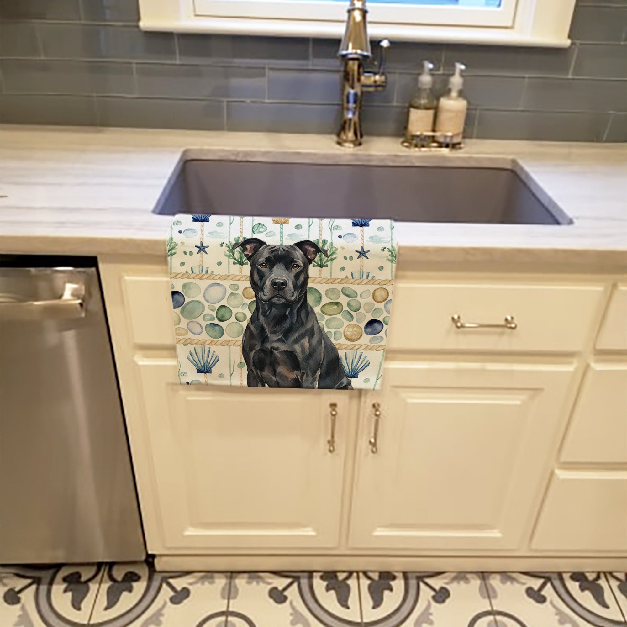 Black American Staffordshire Terrier Coastal Sea Glass Kitchen Towel Velour Plush Front and Cotton Loop Back Machine Washable