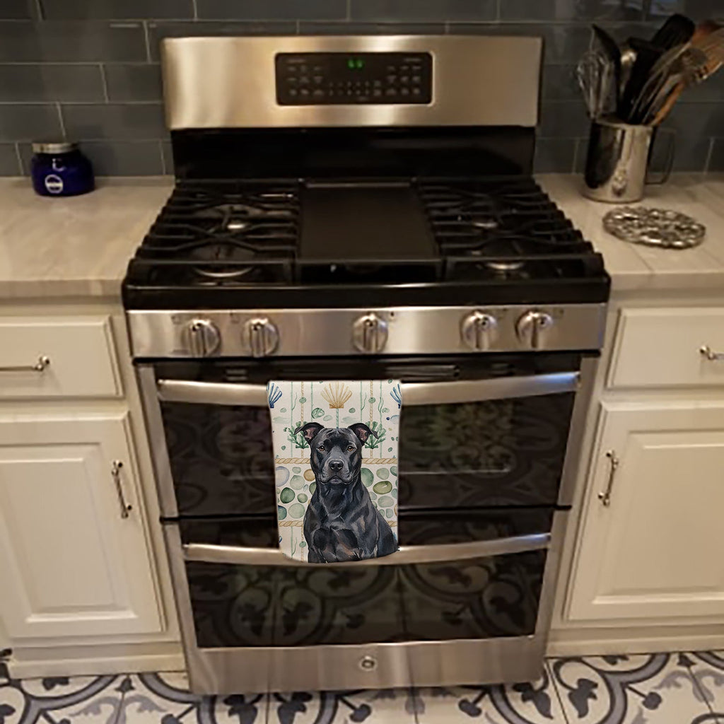 Black American Staffordshire Terrier Coastal Sea Glass Kitchen Towel Velour Plush Front and Cotton Loop Back Machine Washable
