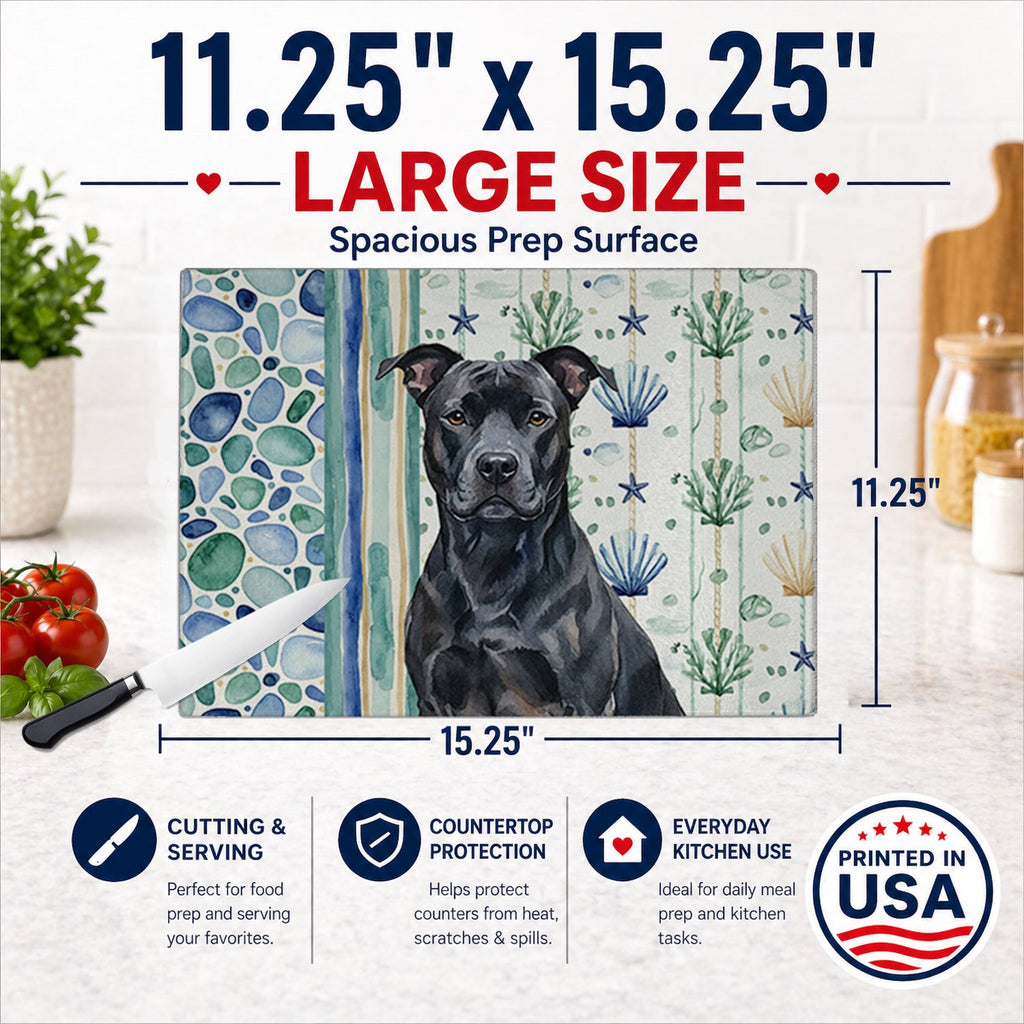 Black American Staffordshire Terrier Coastal Sea Glass Cutting Board Tempered Glass Kitchen Cutting Surface, Heat Resistant Chopping, Non-Slip Feet, Food Prep & Serving