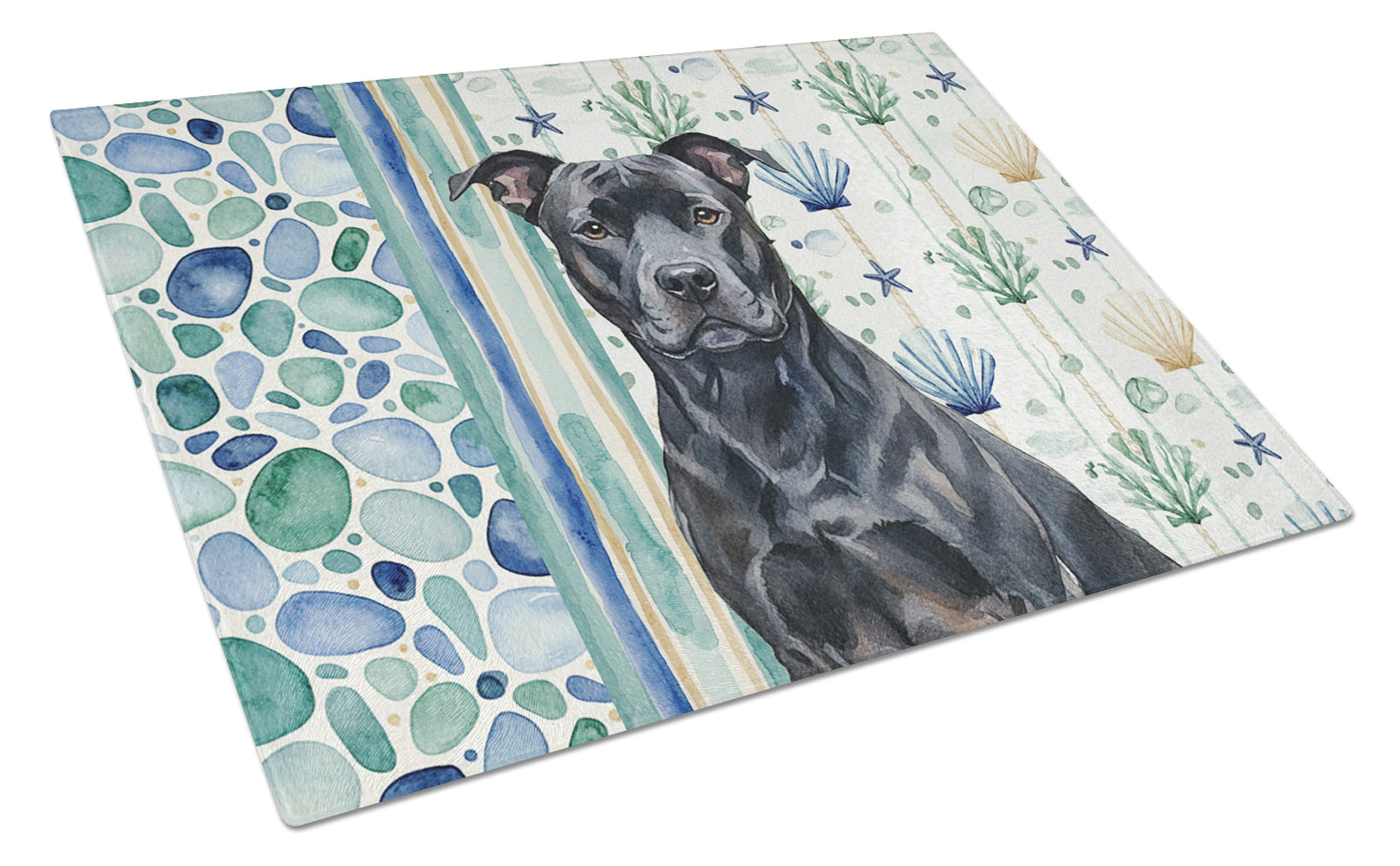 Black American Staffordshire Terrier Coastal Sea Glass Cutting Board Tempered Glass Kitchen Cutting Surface, Heat Resistant Chopping, Non-Slip Feet, Food Prep & Serving