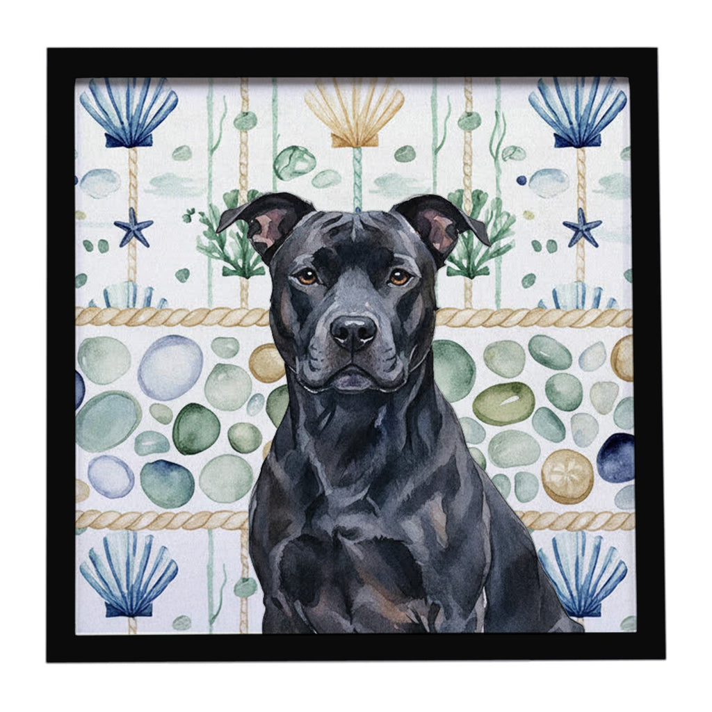 Black American Staffordshire Terrier Coastal Sea Glass Framed Metal Print Bathroom, Kitchen, Office, Home Decor Wall Art Ready to Hang, Square, 8X8