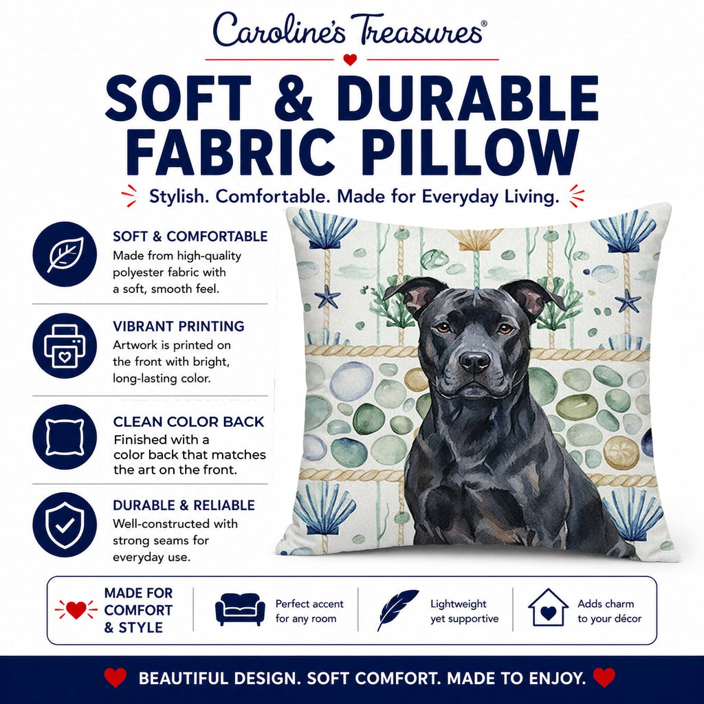 Black American Staffordshire Terrier Coastal Sea Glass Decorative Throw Pillow 14x14 Indoor Outdoor Accent Cushion, Fabric Cover with Insert for Sofa, Bed, Porch & Living Room