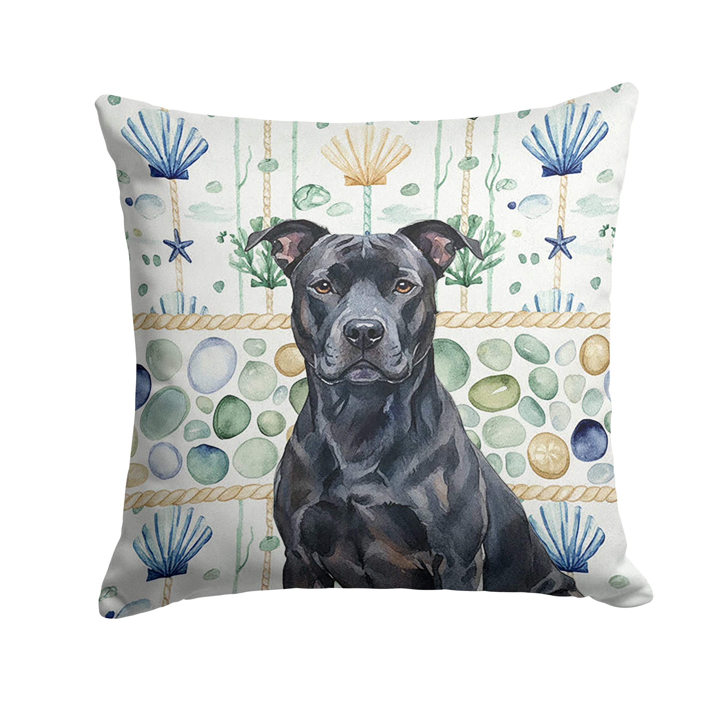 Black American Staffordshire Terrier Coastal Sea Glass Decorative Throw Pillow 14x14 Indoor Outdoor Accent Cushion, Fabric Cover with Insert for Sofa, Bed, Porch & Living Room