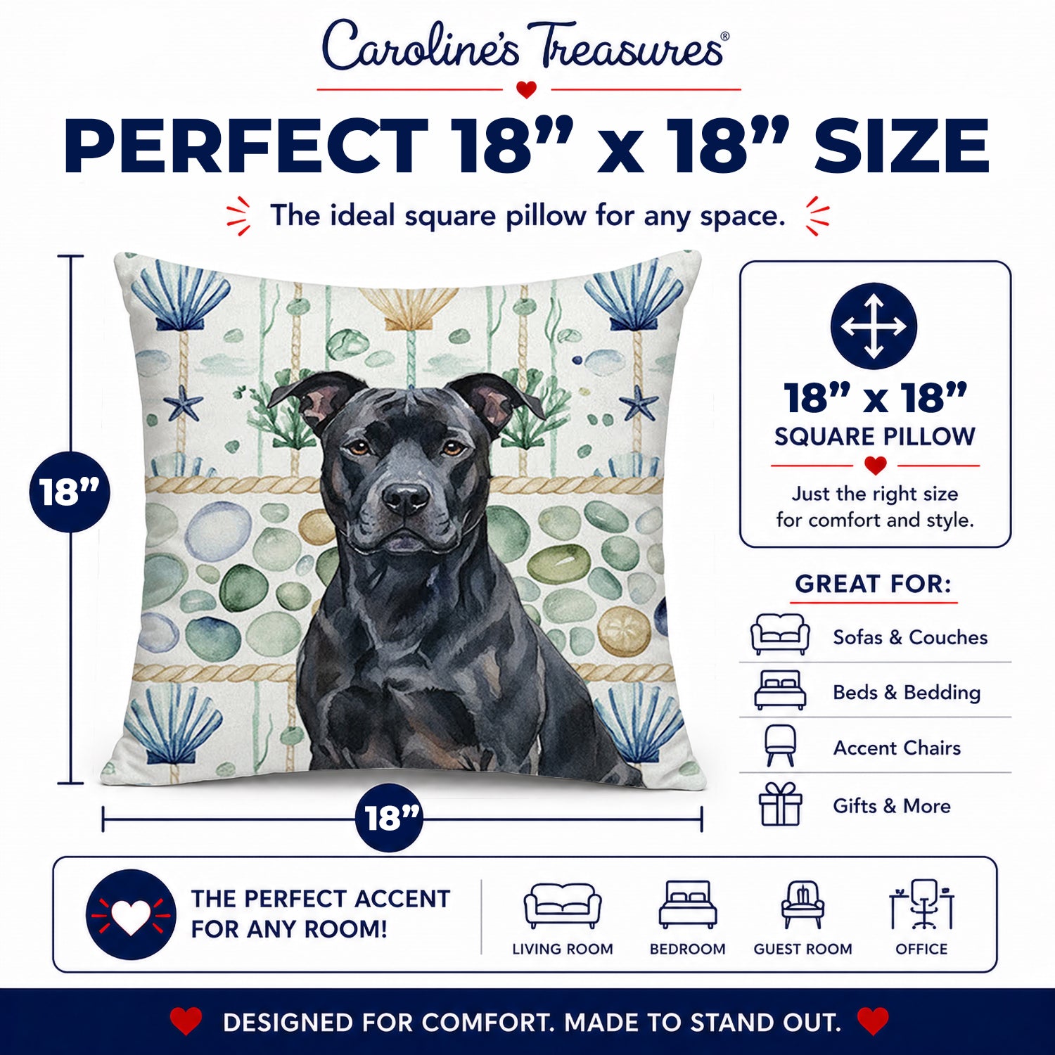 Black American Staffordshire Terrier Coastal Sea Glass Decorative Throw Pillow 18x18 Indoor Outdoor Accent Cushion, Fabric Cover with Insert for Sofa, Bed, Porch & Living Room