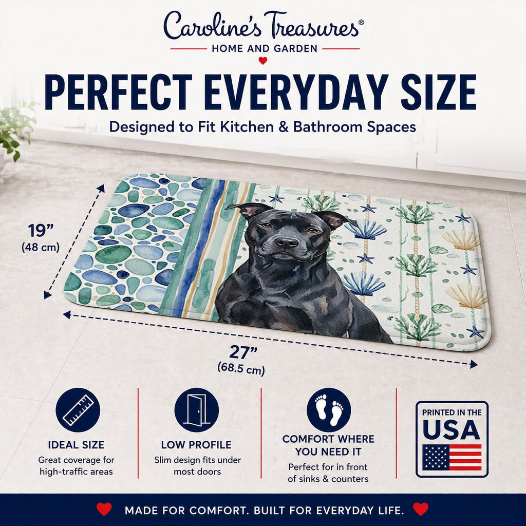 Black American Staffordshire Terrier Coastal Sea Glass Memory Foam Kitchen Mat Machine Washable Anti-Fatigue Cushion Comfort Bath or Kitchen Rug