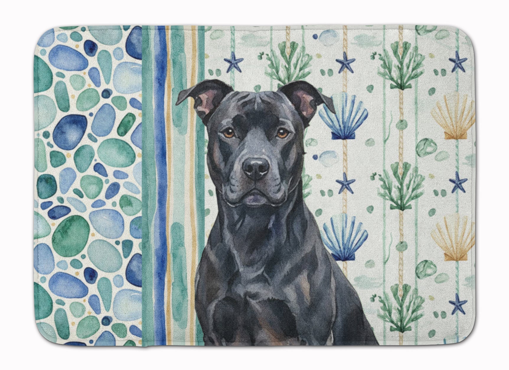 Black American Staffordshire Terrier Coastal Sea Glass Memory Foam Kitchen Mat Machine Washable Anti-Fatigue Cushion Comfort Bath or Kitchen Rug