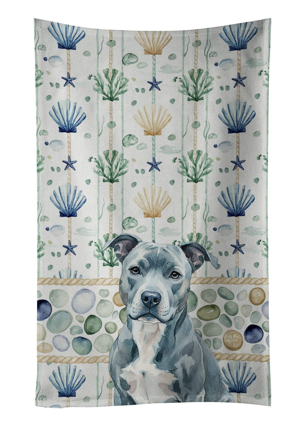 Blue American Staffordshire Terrier Coastal Sea Glass Kitchen Towel Velour Plush Front and Cotton Loop Back Machine Washable