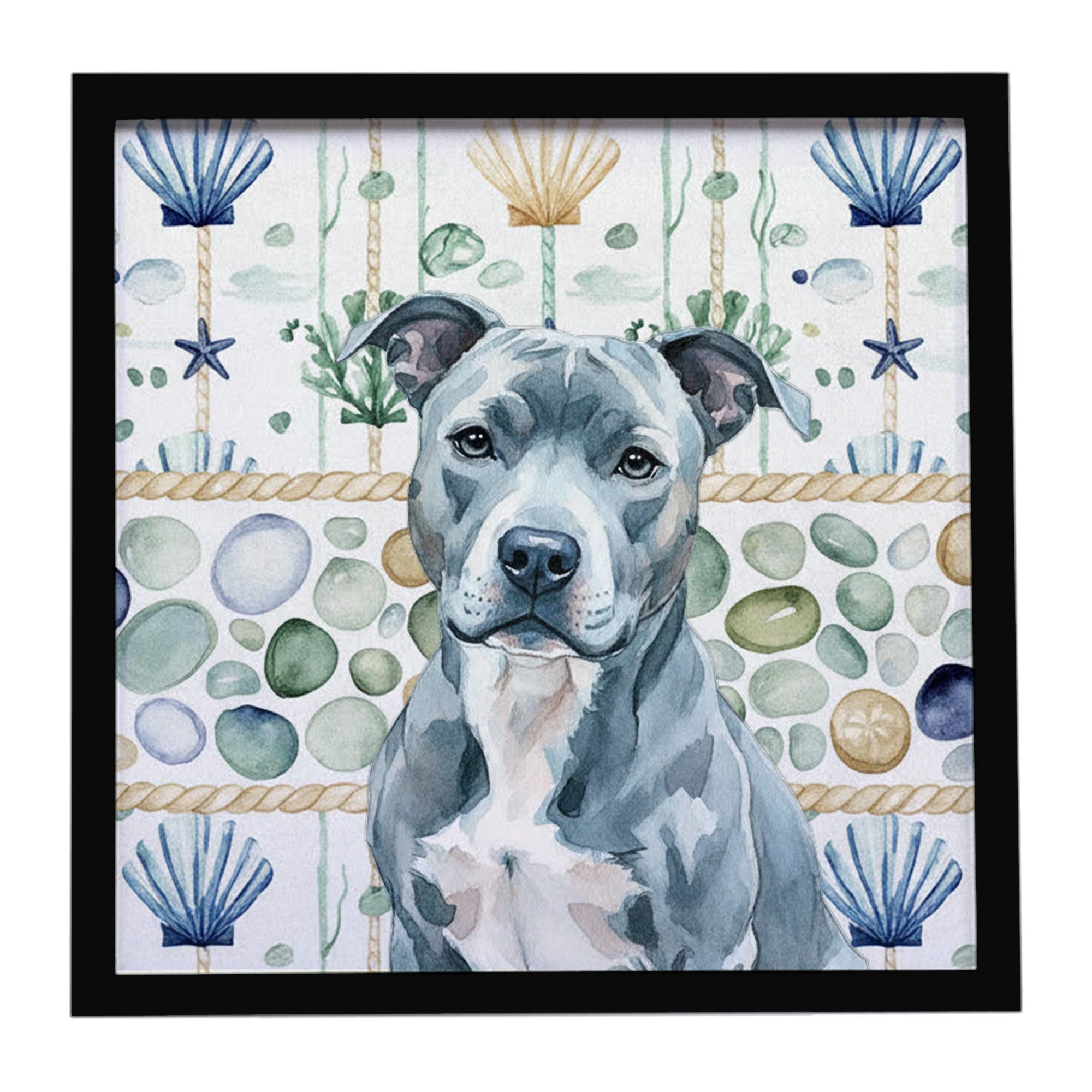 Blue American Staffordshire Terrier Coastal Sea Glass Framed Metal Print Bathroom, Kitchen, Office, Home Decor Wall Art Ready to Hang, Square, 8X8