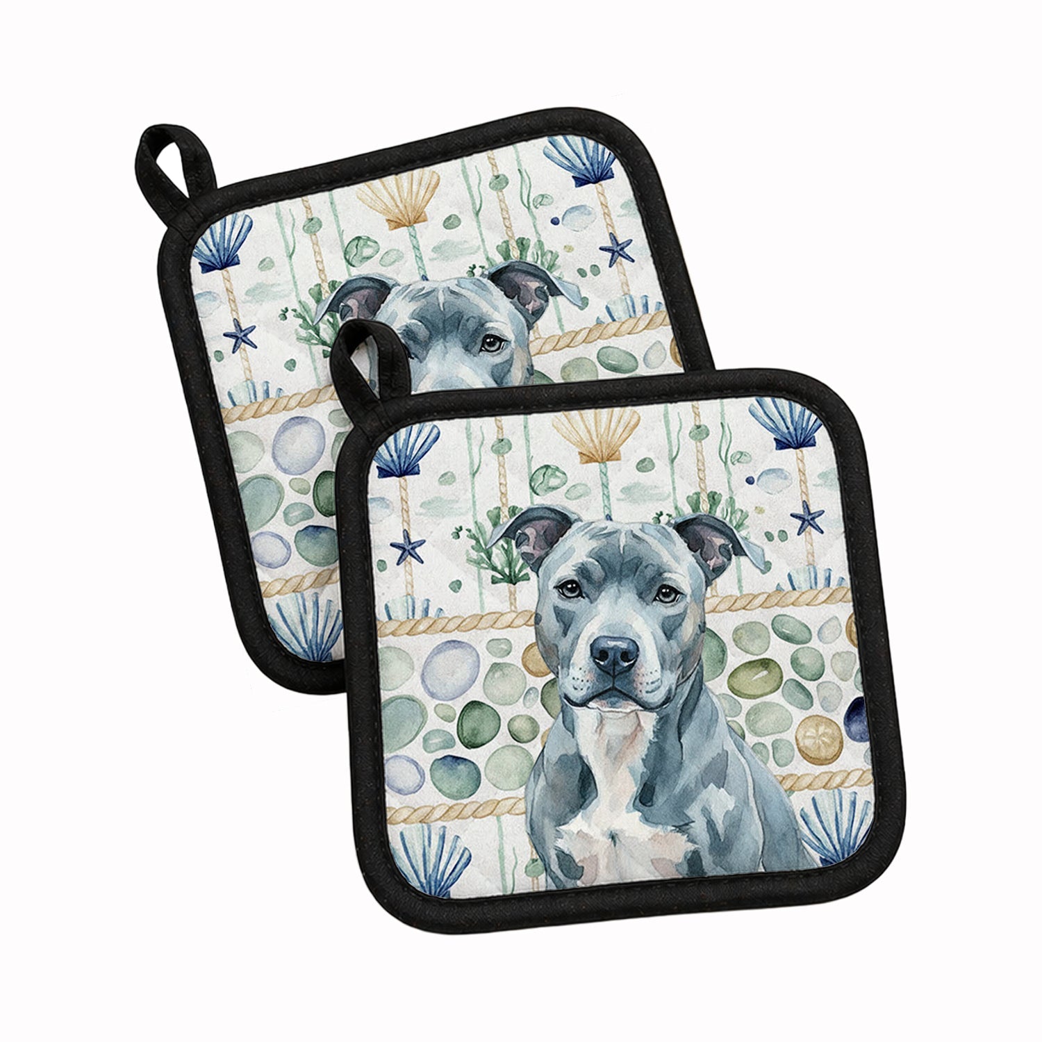 Blue American Staffordshire Terrier Coastal Sea Glass Pot Holder Set of 2 Heat Resistant Quilted Hot Pads 7.5 x 7.5 Inch, Insulated Kitchen Trivets for Cooking & Baking