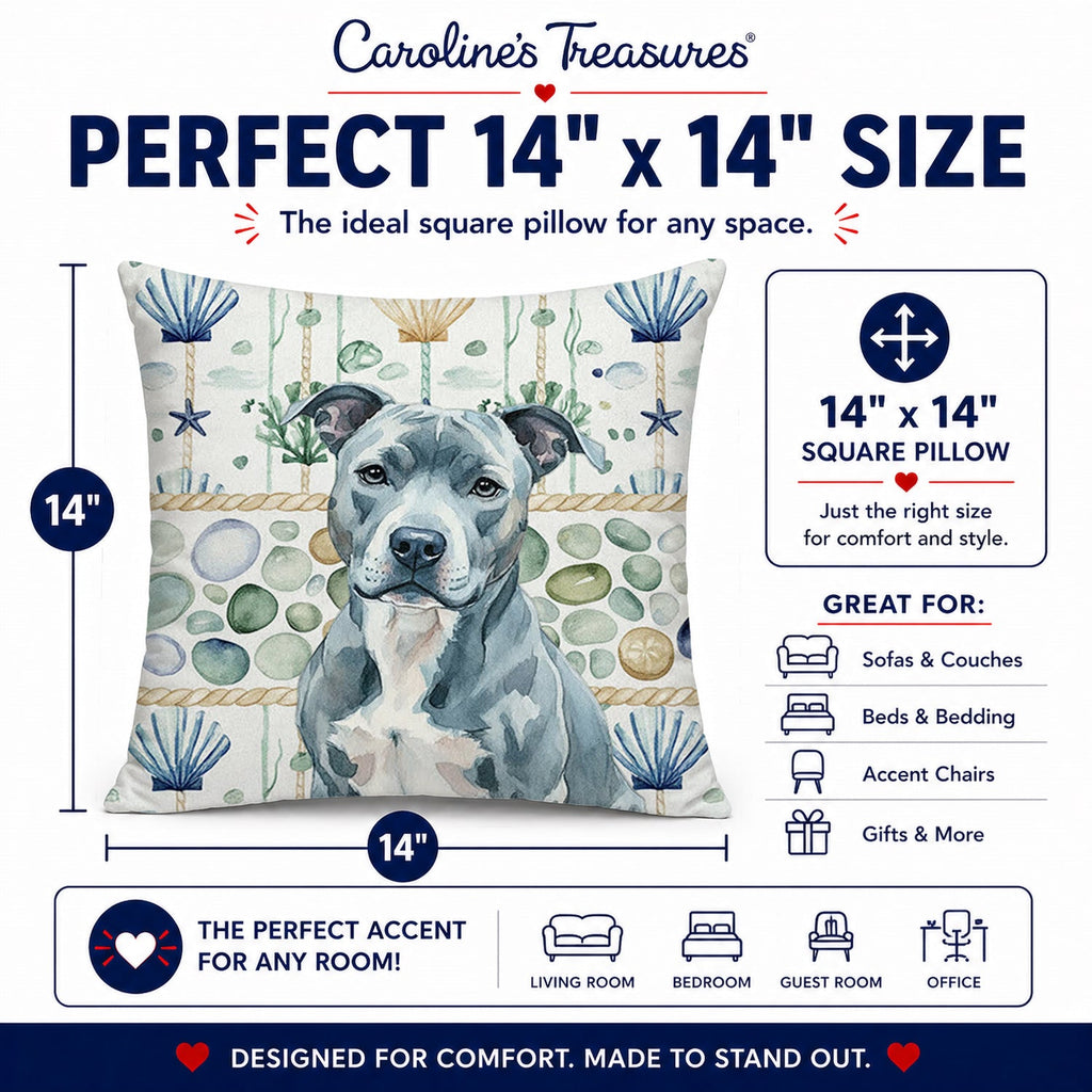 Blue American Staffordshire Terrier Coastal Sea Glass Decorative Throw Pillow 14x14 Indoor Outdoor Accent Cushion, Fabric Cover with Insert for Sofa, Bed, Porch & Living Room