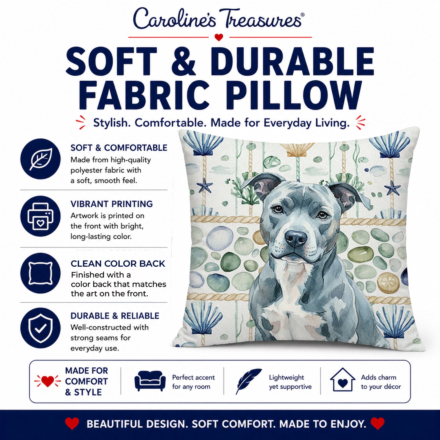 Blue American Staffordshire Terrier Coastal Sea Glass Decorative Throw Pillow 18x18 Indoor Outdoor Accent Cushion, Fabric Cover with Insert for Sofa, Bed, Porch & Living Room