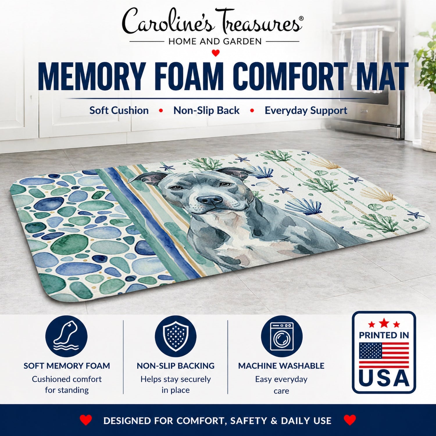 Blue American Staffordshire Terrier Coastal Sea Glass Memory Foam Kitchen Mat Machine Washable Anti-Fatigue Cushion Comfort Bath or Kitchen Rug