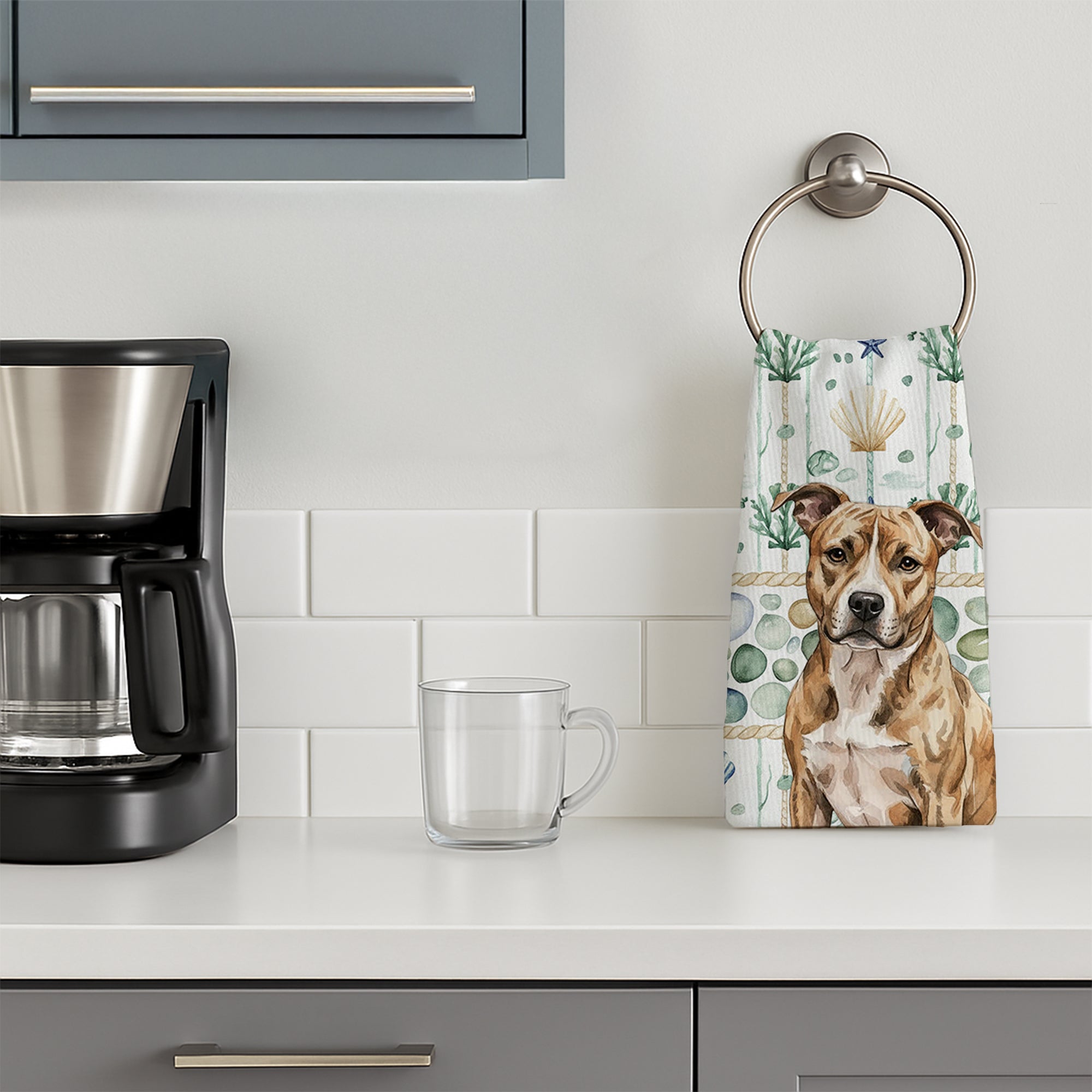 Brindle American Staffordshire Terrier Coastal Sea Glass Kitchen Towel Velour Plush Front and Cotton Loop Back Machine Washable