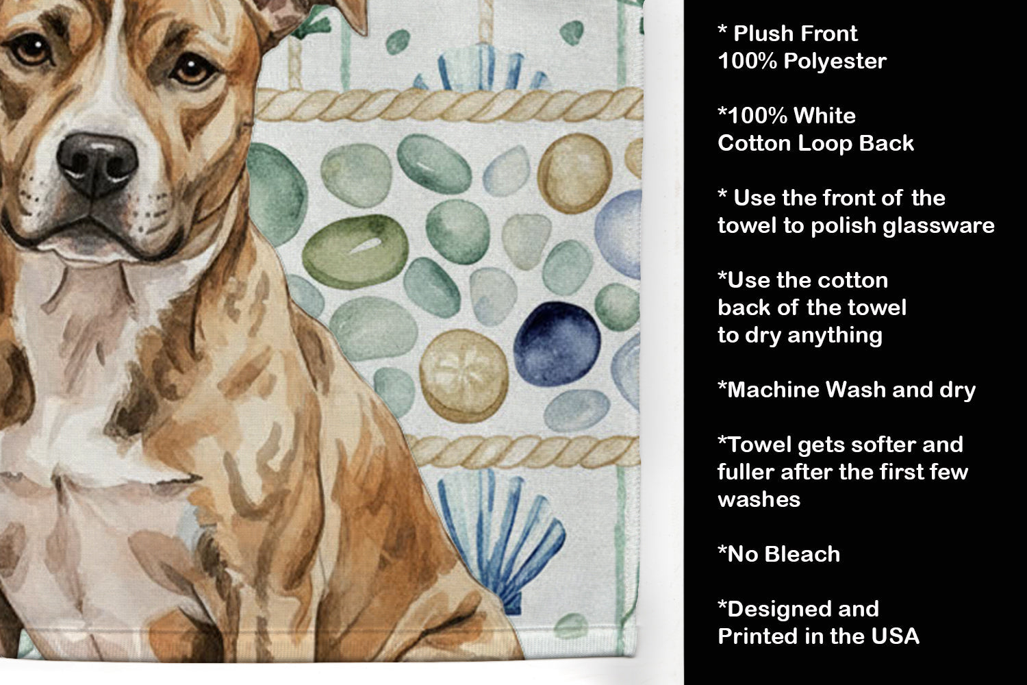 Brindle American Staffordshire Terrier Coastal Sea Glass Kitchen Towel Velour Plush Front and Cotton Loop Back Machine Washable