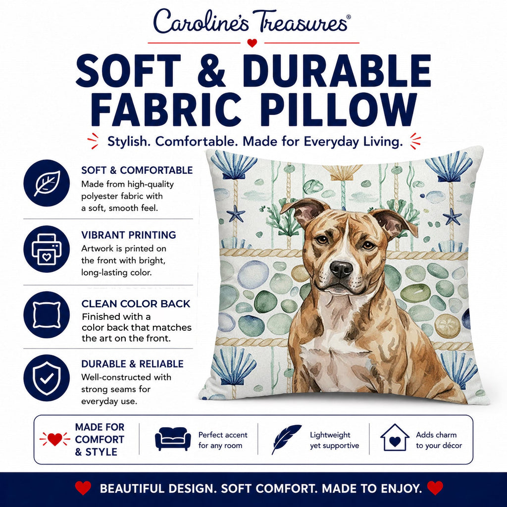 Brindle American Staffordshire Terrier Coastal Sea Glass Decorative Throw Pillow 14x14 Indoor Outdoor Accent Cushion, Fabric Cover with Insert for Sofa, Bed, Porch & Living Room