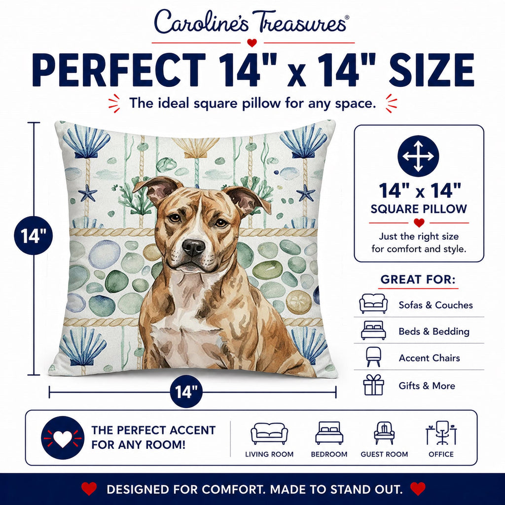 Brindle American Staffordshire Terrier Coastal Sea Glass Decorative Throw Pillow 14x14 Indoor Outdoor Accent Cushion, Fabric Cover with Insert for Sofa, Bed, Porch & Living Room