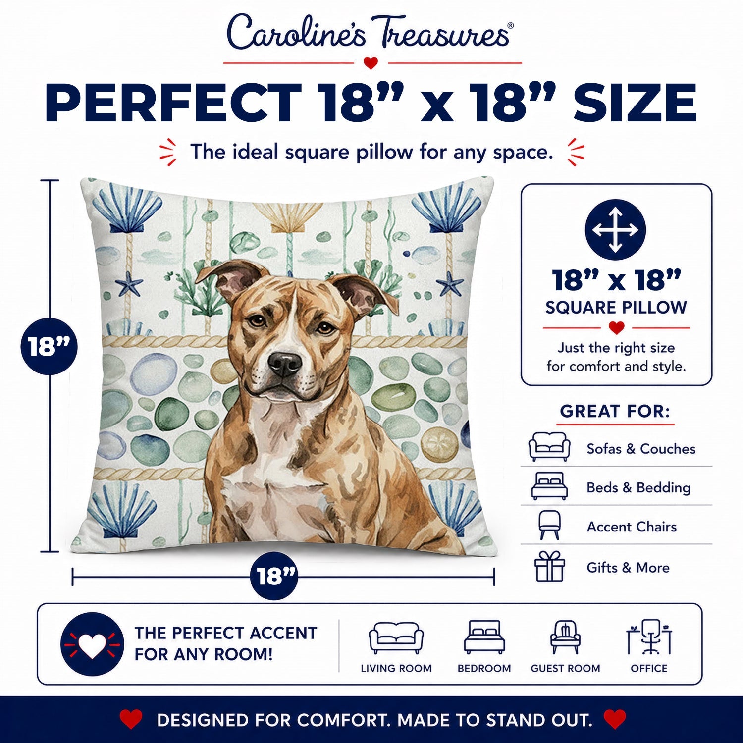 Brindle American Staffordshire Terrier Coastal Sea Glass Decorative Throw Pillow 18x18 Indoor Outdoor Accent Cushion, Fabric Cover with Insert for Sofa, Bed, Porch & Living Room