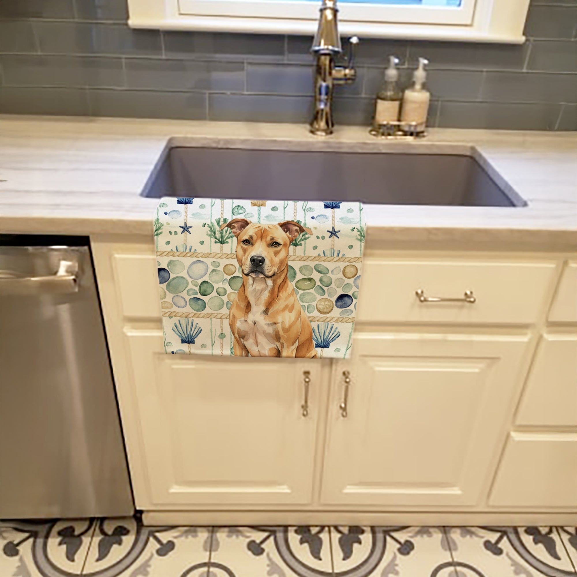 Fawn American Staffordshire Terrier Coastal Sea Glass Kitchen Towel Velour Plush Front and Cotton Loop Back Machine Washable