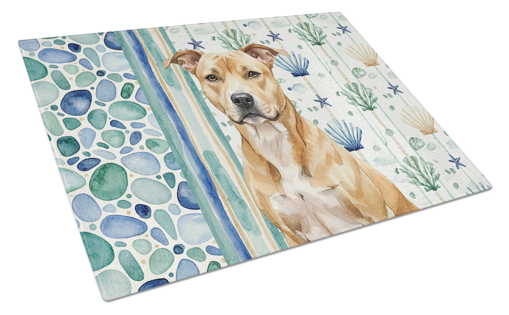 Fawn American Staffordshire Terrier Coastal Sea Glass Cutting Board Tempered Glass Kitchen Cutting Surface, Heat Resistant Chopping, Non-Slip Feet, Food Prep & Serving