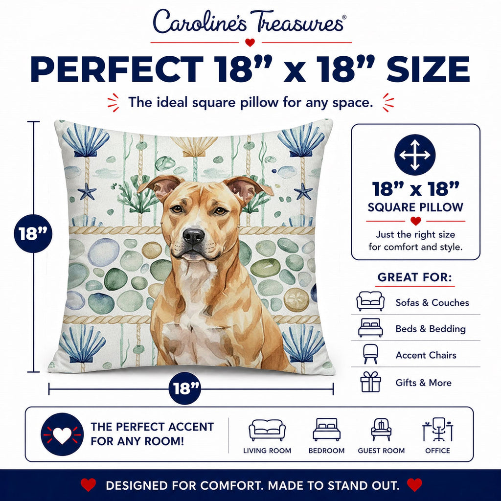 Fawn American Staffordshire Terrier Coastal Sea Glass Decorative Throw Pillow 18x18 Indoor Outdoor Accent Cushion, Fabric Cover with Insert for Sofa, Bed, Porch & Living Room