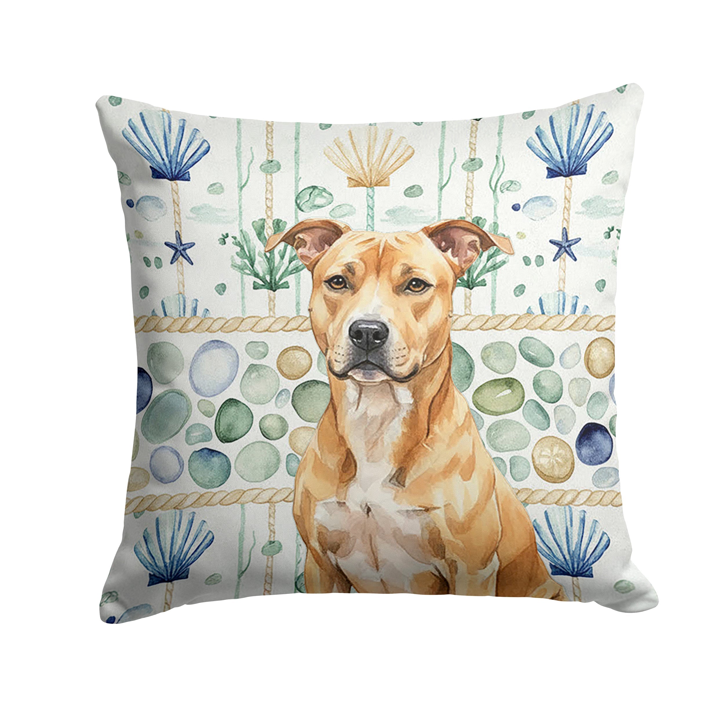 Fawn American Staffordshire Terrier Coastal Sea Glass Decorative Throw Pillow 18x18 Indoor Outdoor Accent Cushion, Fabric Cover with Insert for Sofa, Bed, Porch & Living Room