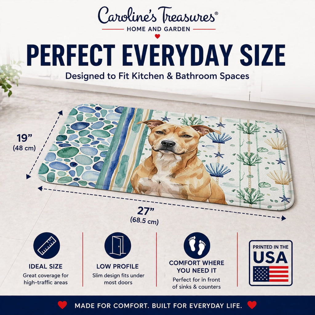 Fawn American Staffordshire Terrier Coastal Sea Glass Memory Foam Kitchen Mat Machine Washable Anti-Fatigue Cushion Comfort Bath or Kitchen Rug